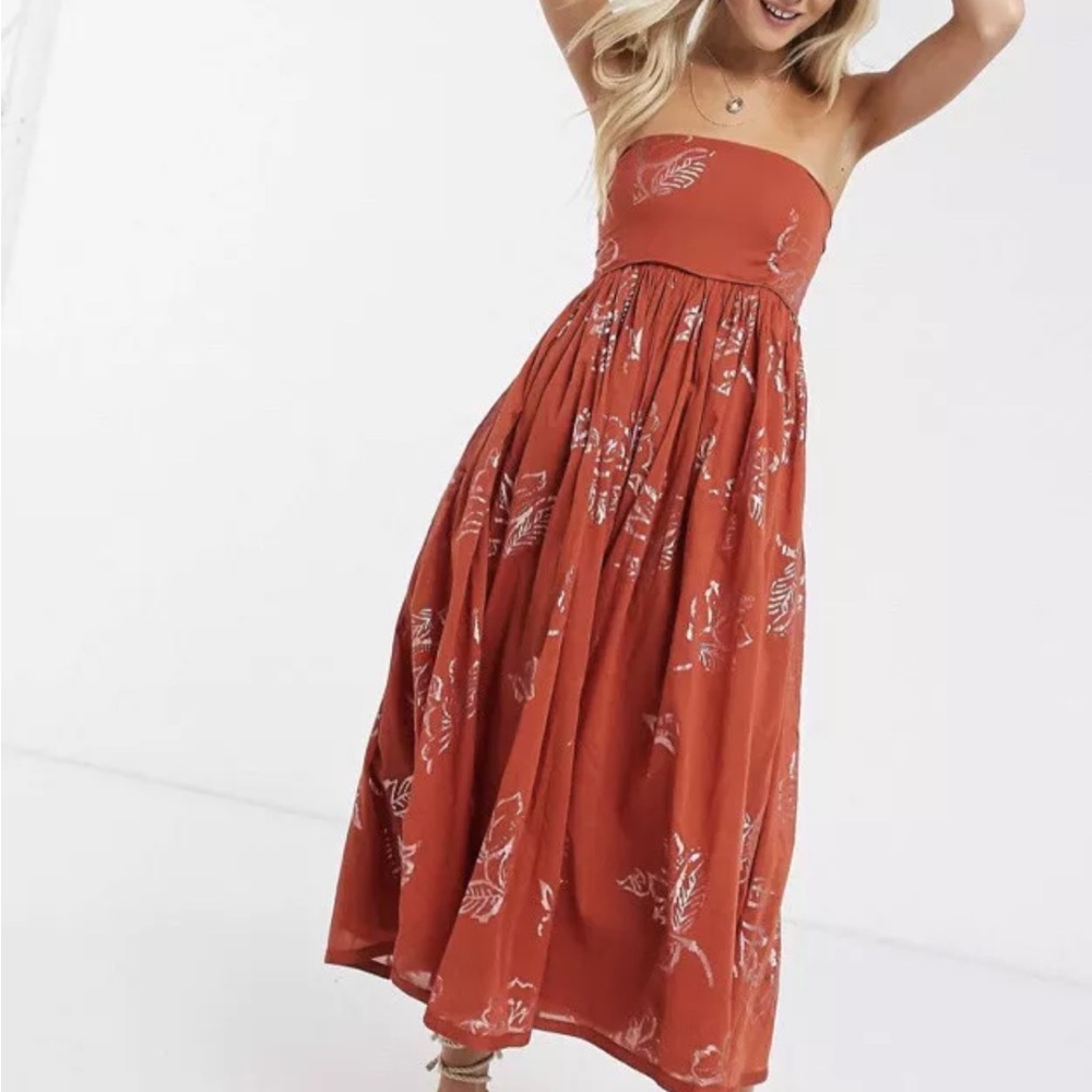 Free People Strapless Dress in Terracotta with Ivory Floral